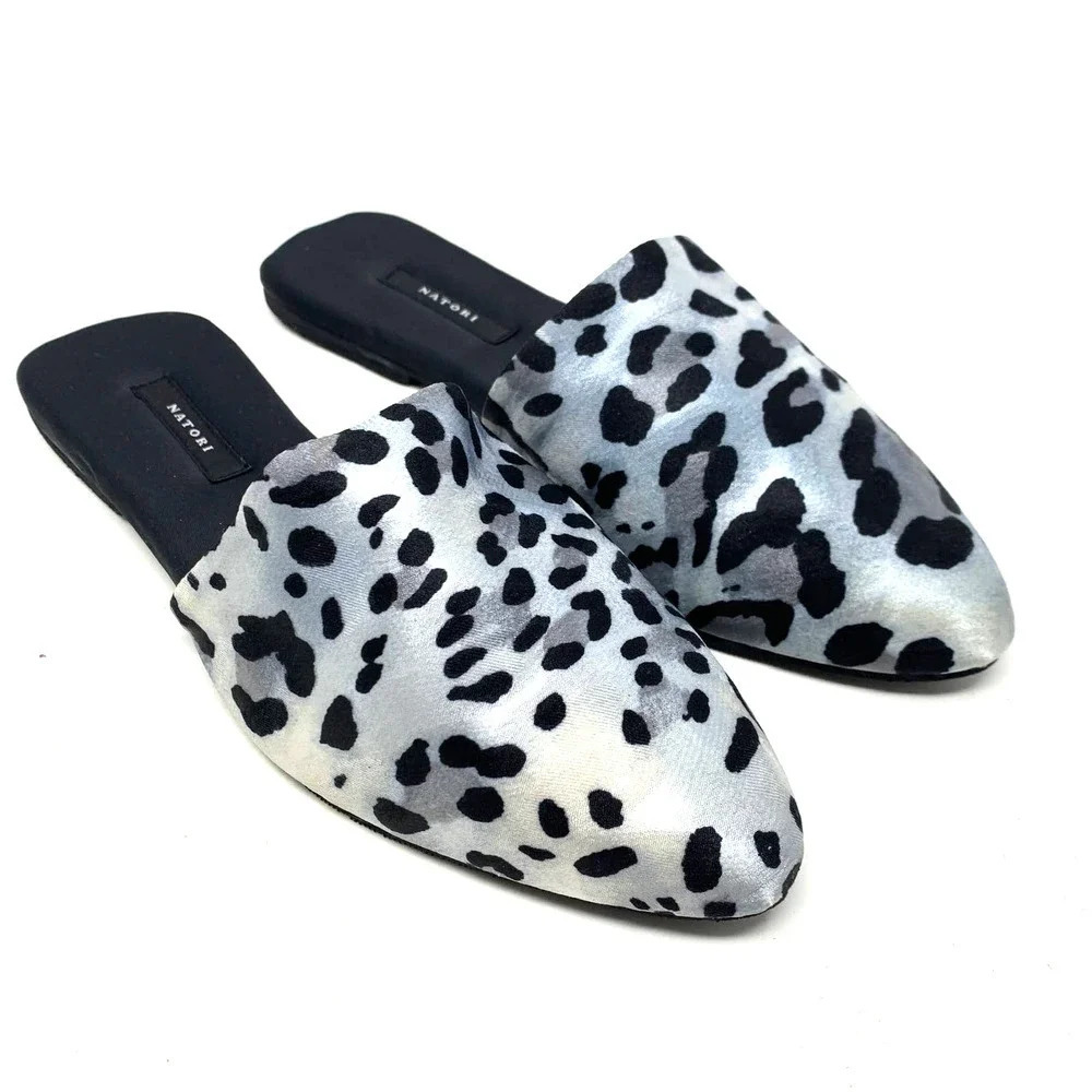 Natori Adore Satin Leopard Print Mules Black Gray Size US 7